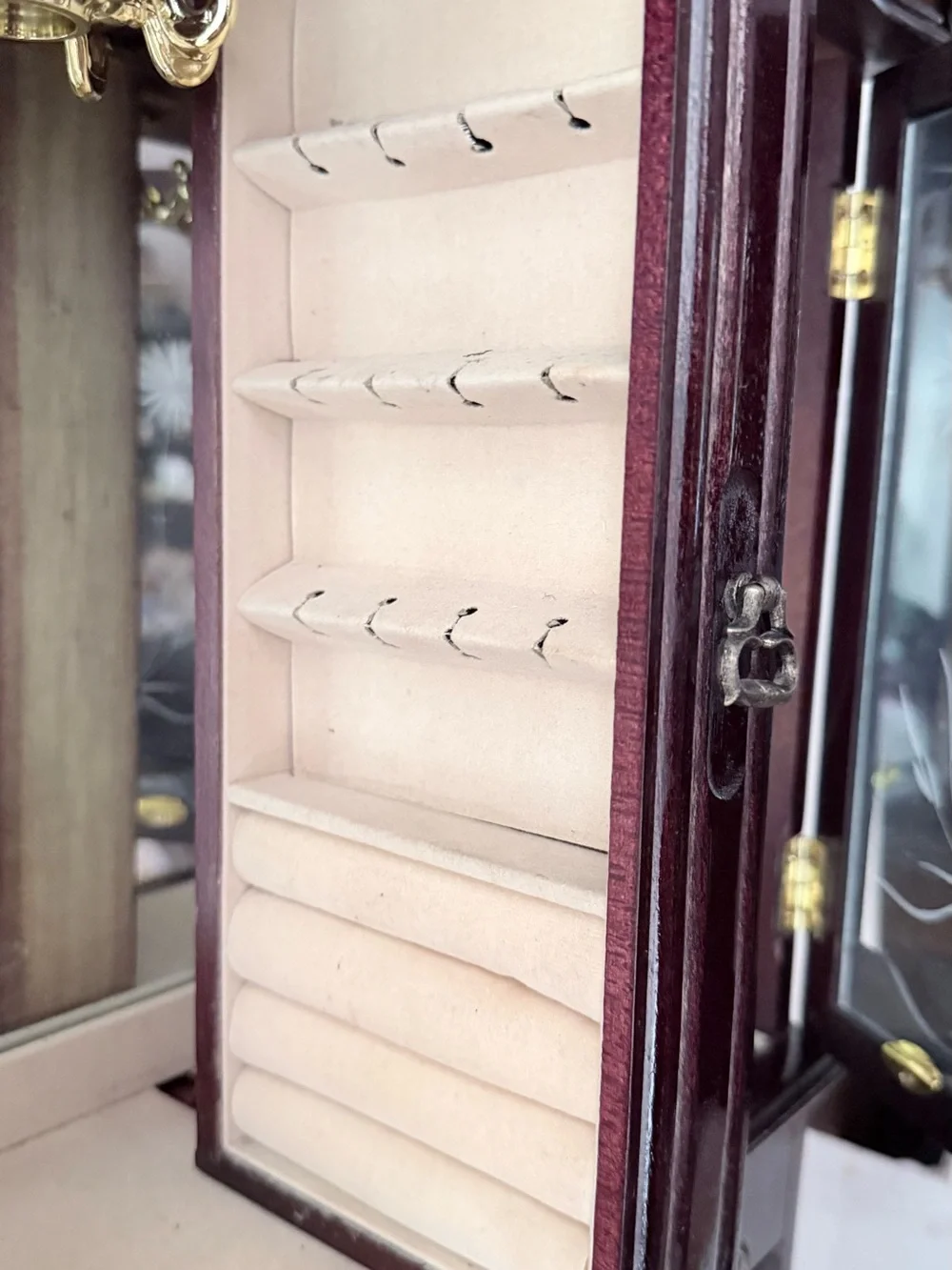 Wooden Mirrored Jewelry Cabinet in Deep Mahogany jewelry